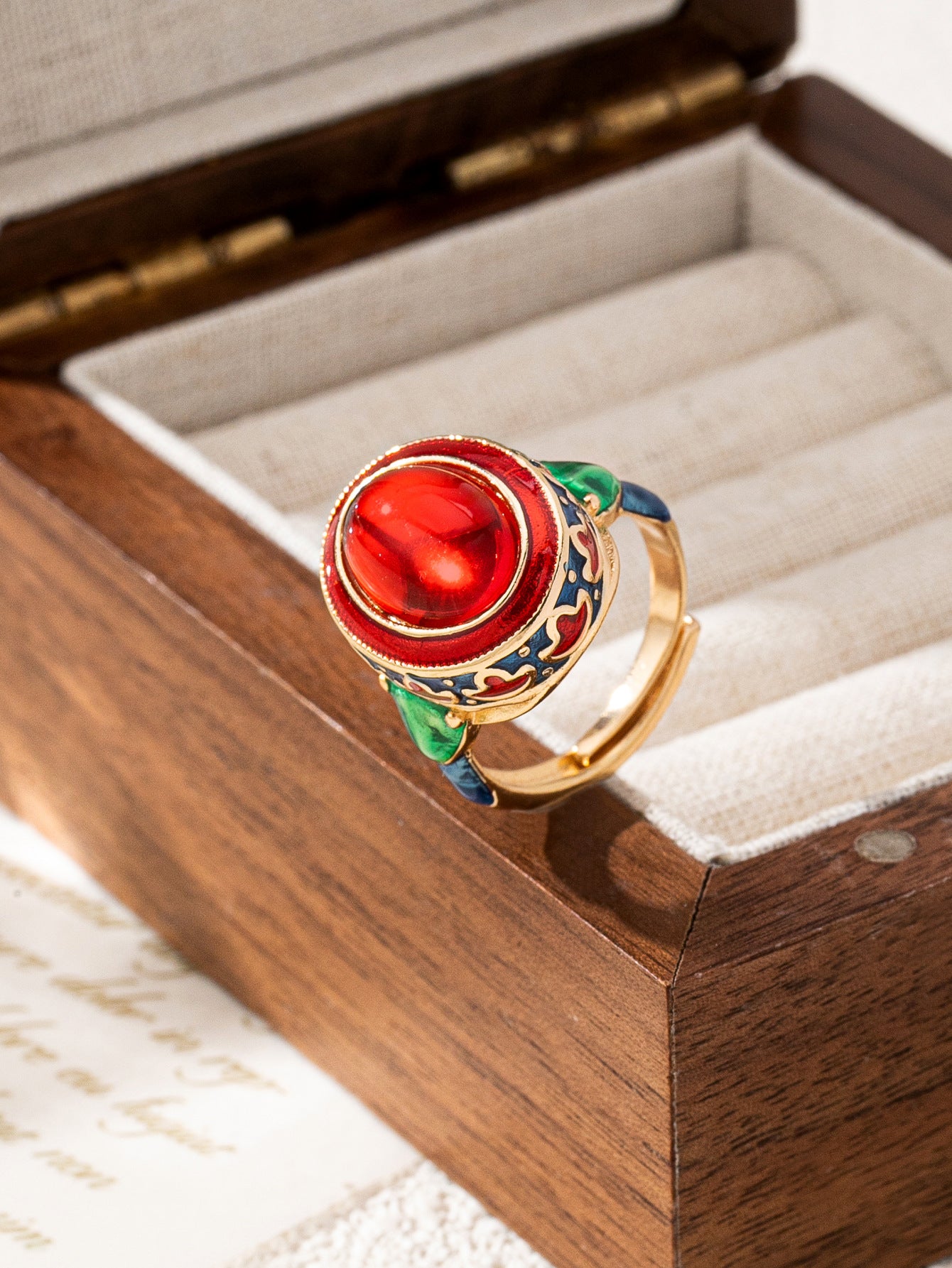 Vintage Style Waves Open Ring For Women, Copper With Electroplated Gold Plating And July Birthstone Ruby Inlay
