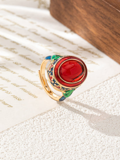Vintage Style Waves Open Ring For Women, Copper With Electroplated Gold Plating And July Birthstone Ruby Inlay