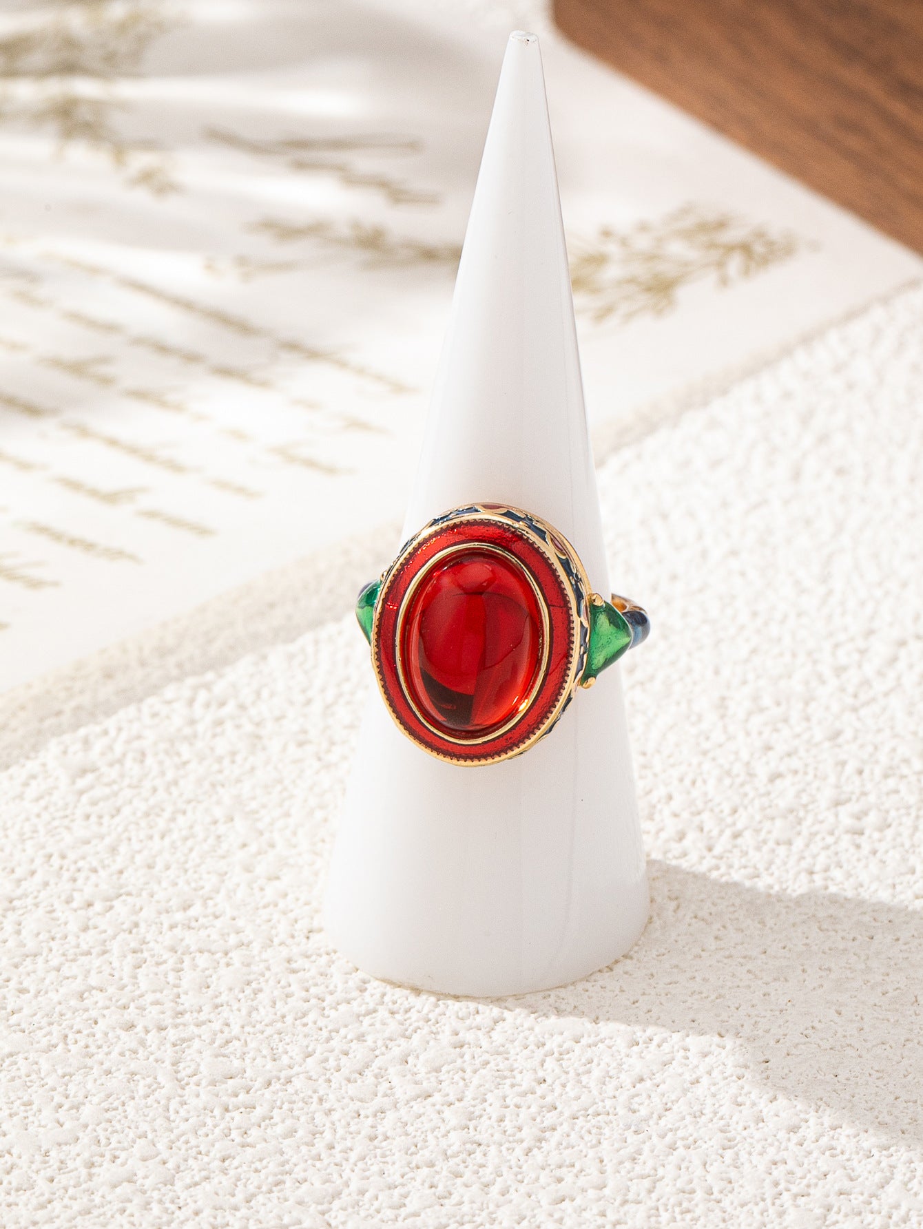 Vintage Style Waves Open Ring For Women, Copper With Electroplated Gold Plating And July Birthstone Ruby Inlay