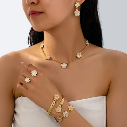 Unisex Flowers Jewelry Set Featuring Electroplated Zinc Alloy With Zircon Inlay, 1 Set