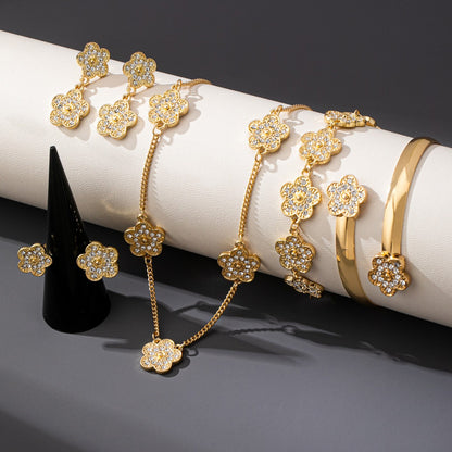 Unisex Flowers Jewelry Set Featuring Electroplated Zinc Alloy With Zircon Inlay, 1 Set
