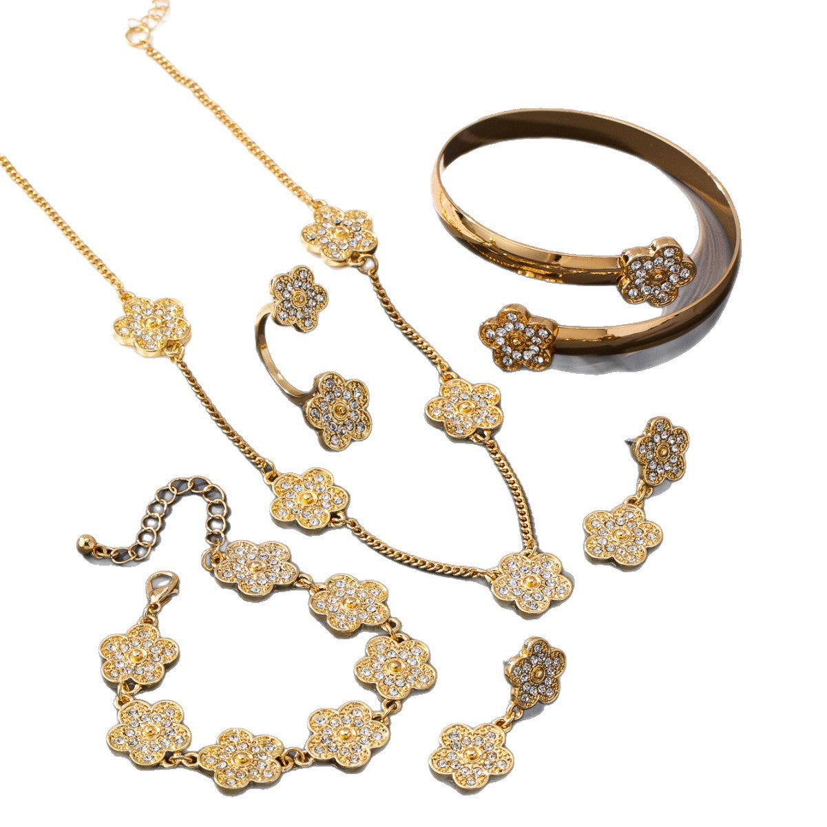 Unisex Flowers Jewelry Set Featuring Electroplated Zinc Alloy With Zircon Inlay, 1 Set
