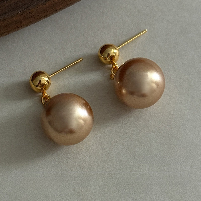 Round Drop Earrings For Women Featuring Imitation Pearl In Gold With Real Gold Plated And 925 Sterling Silver Stud