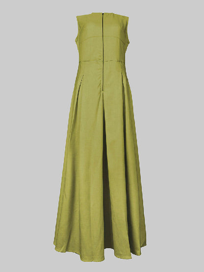 A-Line Loose Pleated Pockets Split-Joint Zipper Round-Neck Maxi Dresses