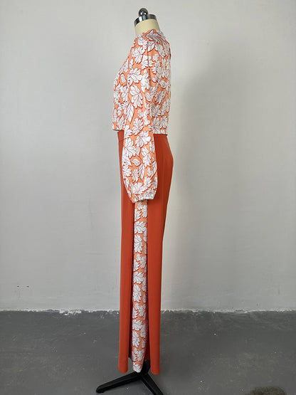 Long Sleeves Flower Print Hollow Mock Neck Shirts Top + High Waisted Pants Bottom Two Pieces Set