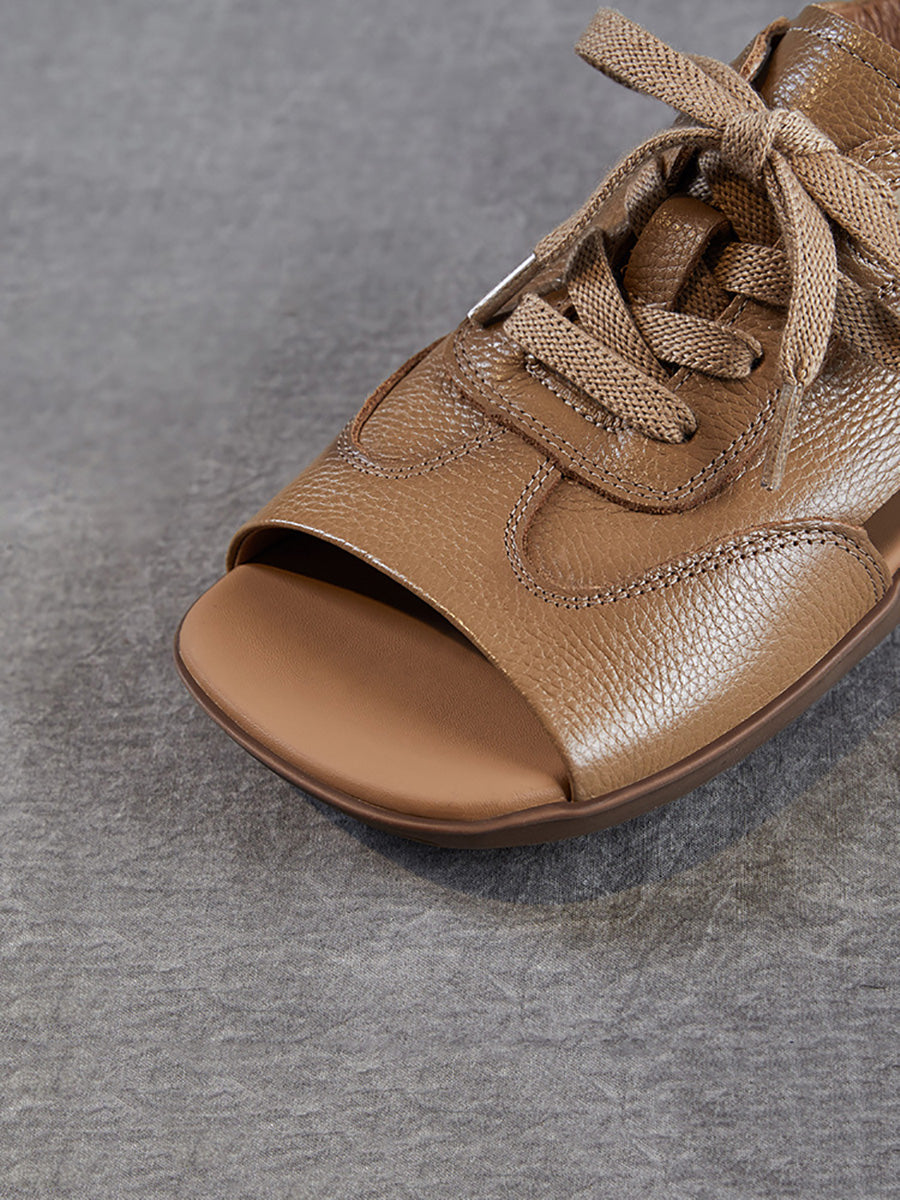 Women Summer Genuine Leather Open Toe Flat Sandals