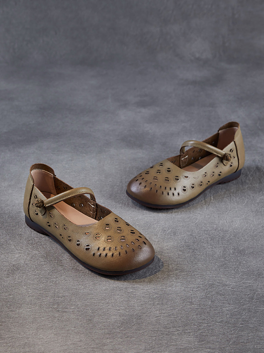 Women Summer Genuine Leather Hollow Out Low Heel Shoes