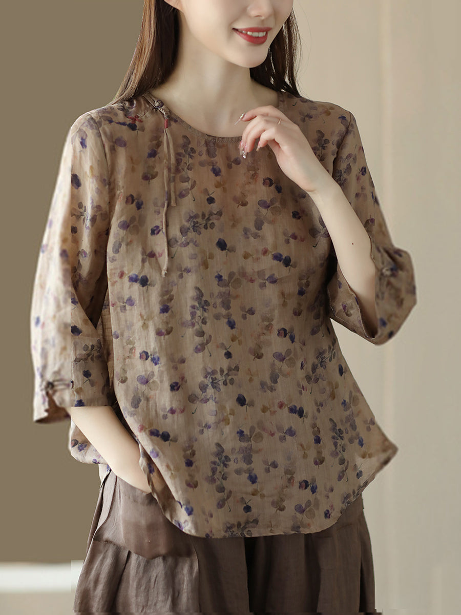 Women Vintage Summer Floral Frog Pullover Linen Shirt
