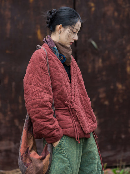 Women Winter Artsy Pure Color V-Neck Padded Coat
