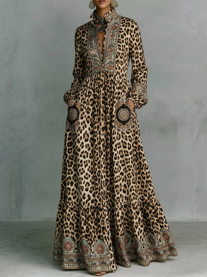 A-Line High Waisted Buttoned Contrast Color Leopard Pockets Printed Split-Joint Stand Collar Maxi Dresses