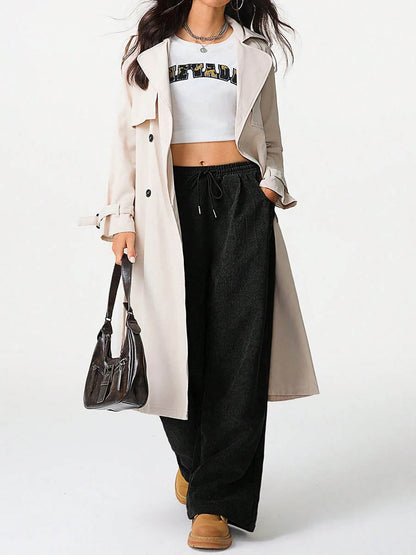 High Waisted Wide Leg Drawstring Elasticity Pockets Solid Color Pants Trousers