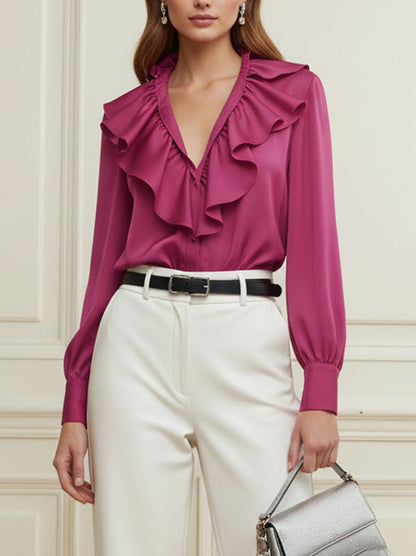 Long Sleeves Loose Ruffle Trim Solid Color V-Neck Blouses&Shirts Tops