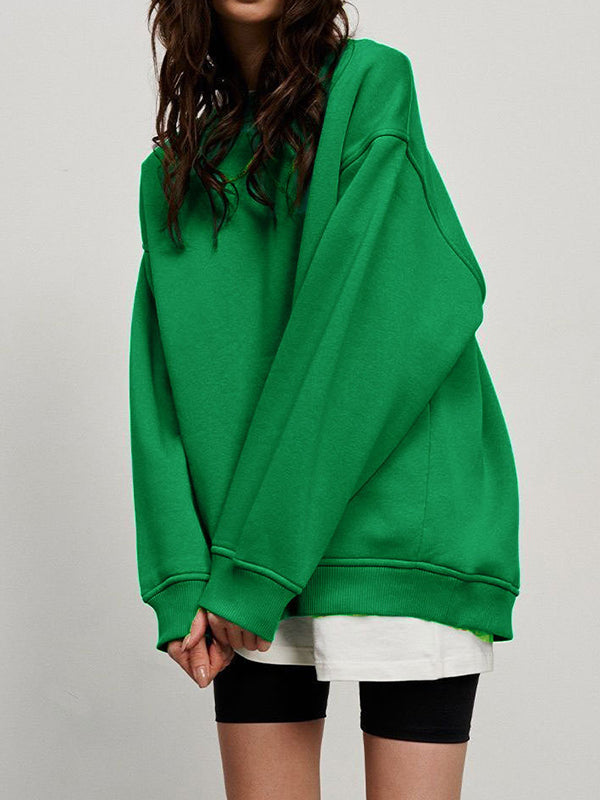 Long Sleeves Loose Solid Color Round-Neck Sweatshirt Tops