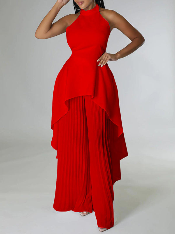 Loose Backless Lacy Solid Color Halter-Neck Vest Top + High-Low Pants Bottom Two Pieces Set