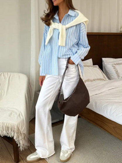 Long Sleeves Loose Buttoned Contrast Color Split-Joint Striped Lapel Blouses&Shirts Tops