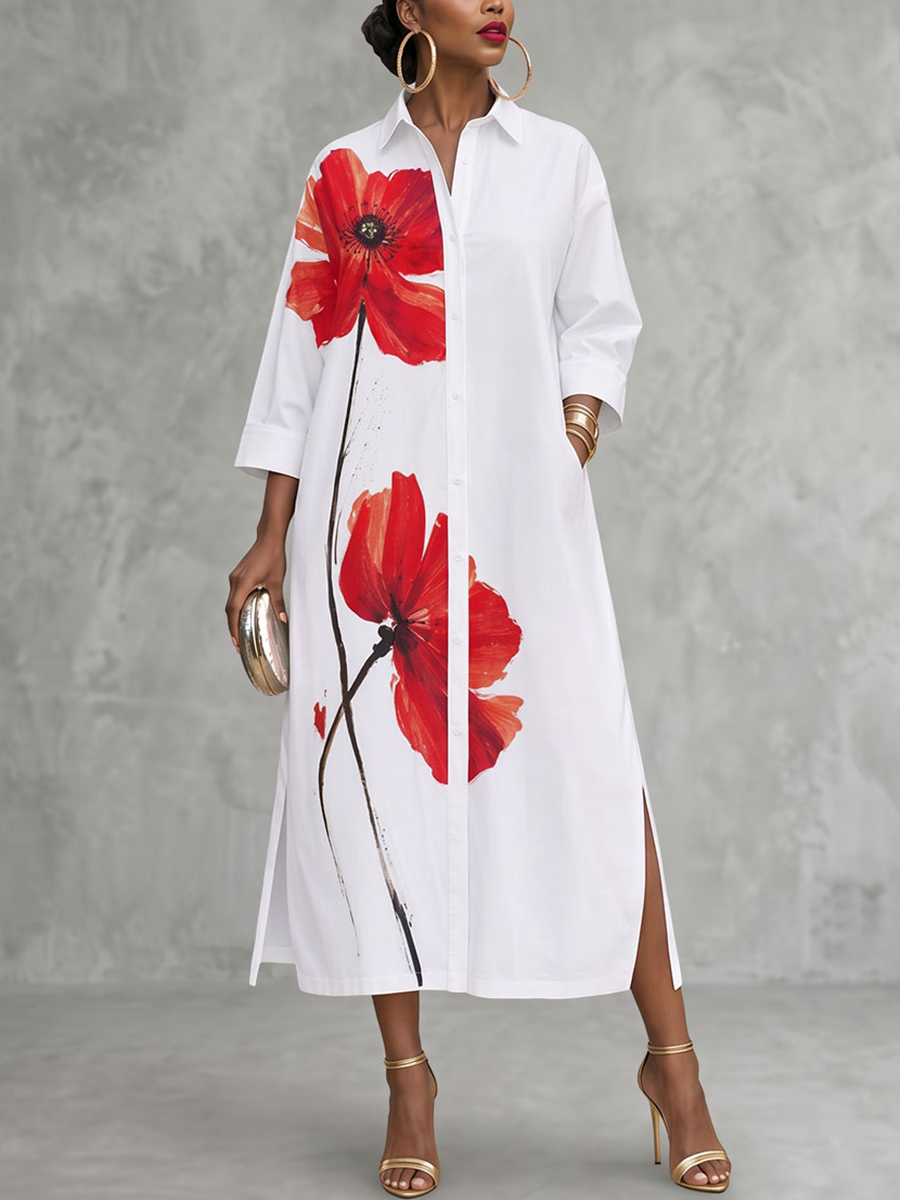 Split-side Pockets Flower Print Contrast Color Buttoned Three-quarter Sleeves Loose Lapel Shirt Dress Maxi Dresses