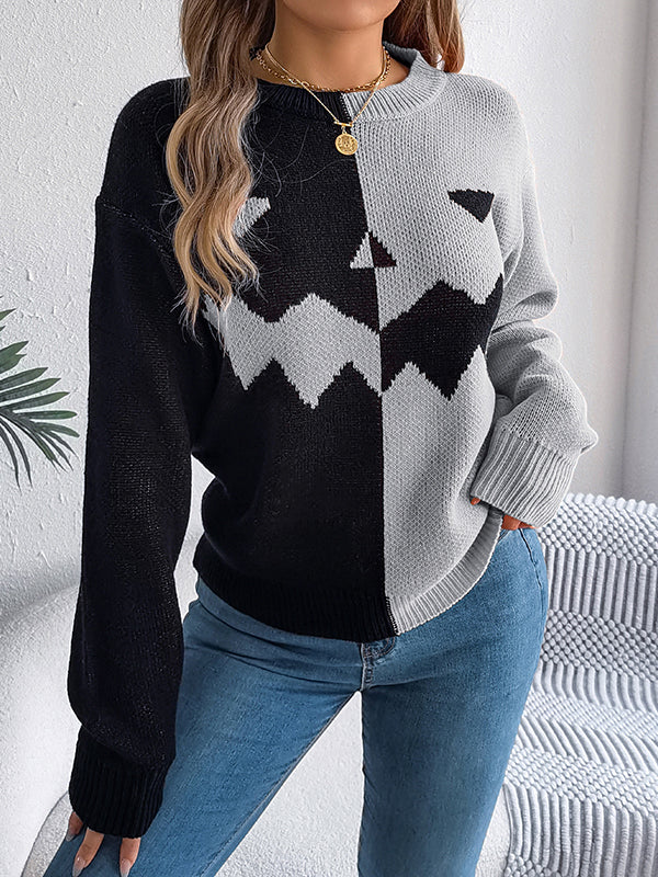 Long Sleeves Loose Contrast Color Split-Joint Round-Neck Pullovers Sweater Tops