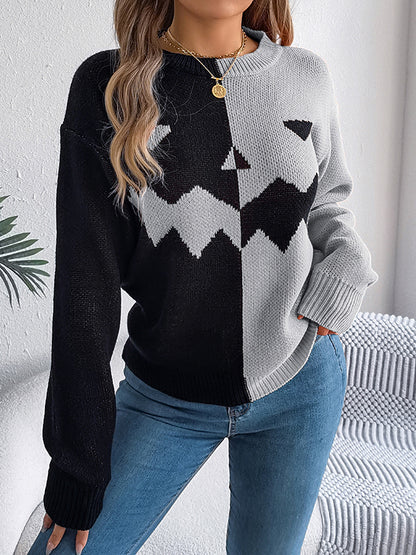 Long Sleeves Loose Contrast Color Split-Joint Round-Neck Pullovers Sweater Tops