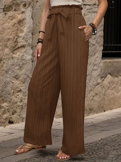 High Waisted Loose Elasticity Pleated Solid Color Tied Waist Pants Trousers