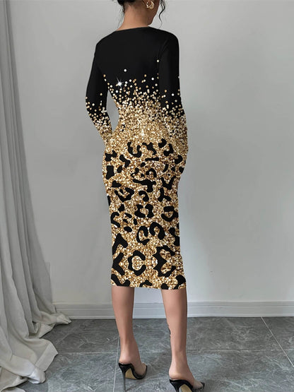 Bodycon Long Sleeves Contrast Color Leopard Shiny Split-Joint Round-Neck Midi Dresses