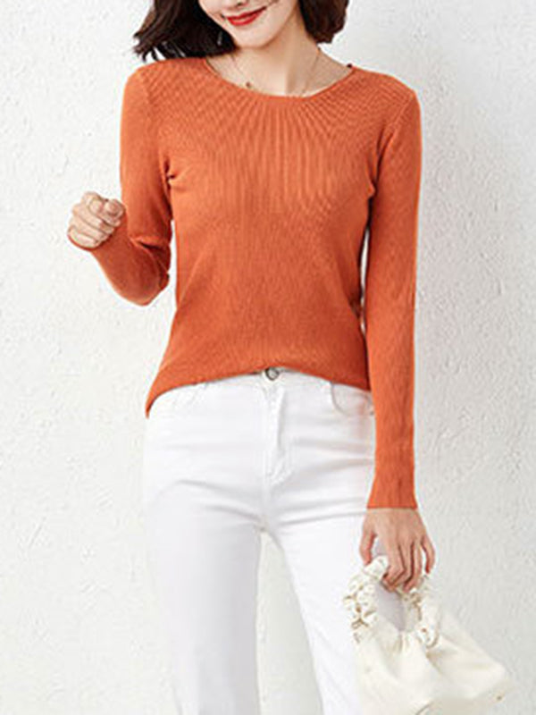 Long Sleeves Skinny Solid Color Round-Neck Knitwear Pullovers Sweater Tops