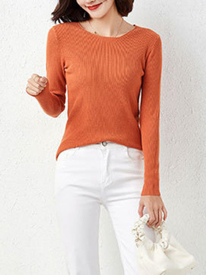 Long Sleeves Skinny Solid Color Round-Neck Knitwear Pullovers Sweater Tops