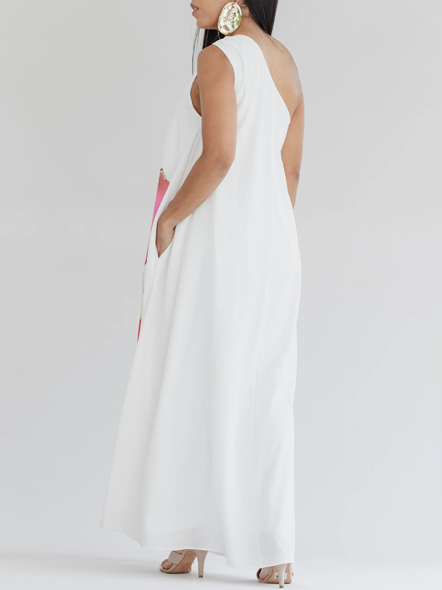 A-Line Loose Buckle Contrast Color Flower Print Pockets One-Shoulder Maxi Dresses