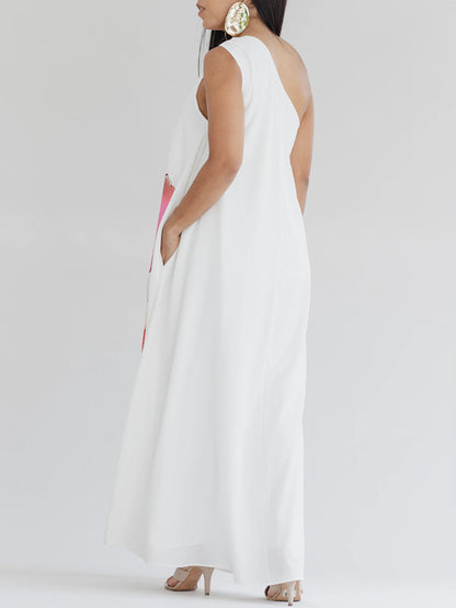 A-Line Loose Buckle Contrast Color Flower Print Pockets One-Shoulder Maxi Dresses