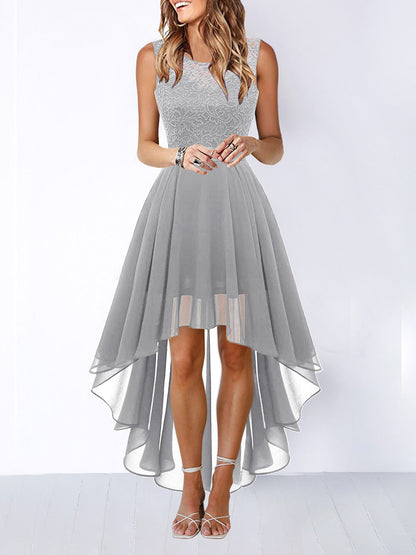 A-Line High Waisted Pleated See-Through Split-Joint Tied Waist Round-Neck Maxi Dresses