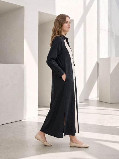 Split-side Split-Joint Pockets Contrast Color Buttoned Asymmetric Loose Long Sleeves Lapel Shirt Dress Maxi Dresses