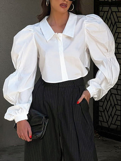Bishop Sleeve Long Sleeves Buttoned Elasticity Solid Color Lapel Blouses&Shirts Tops