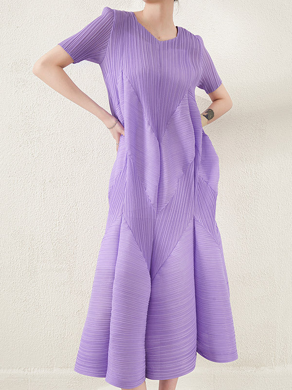 High Waisted Loose Pleated Solid Color Round-Neck Midi Dresses