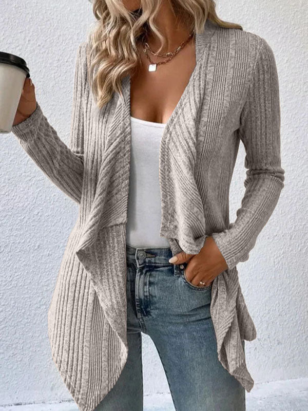 Long Sleeves Loose Solid Color Collarless Cardigan Tops