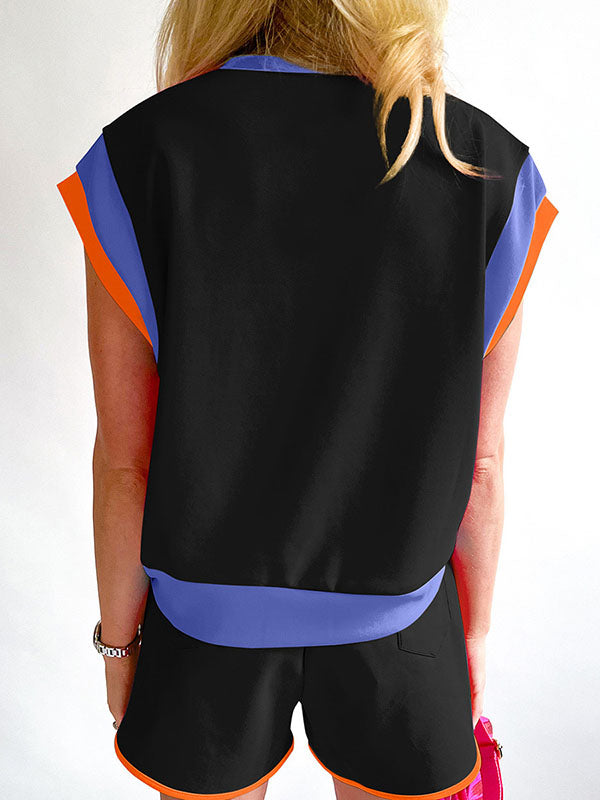 Contrast Color Short Sleeves Round-Neck T-Shirt + Elasticity Shorts Two Pieces Set