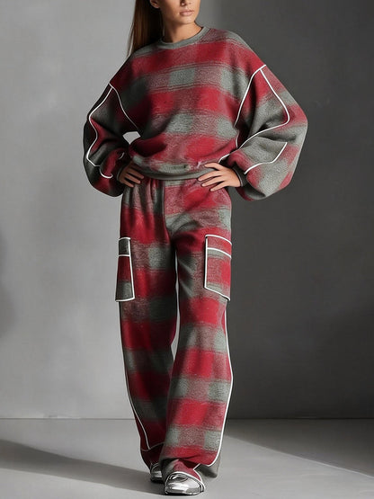 Loose Wide Leg Contrast Color Line Pockets Split-Joint Striped Pants