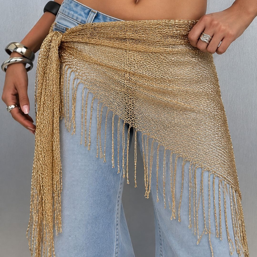Bufanda Triangular Para Mujer Con Patrón De Borla En Color Oro, Ideal Para Primavera