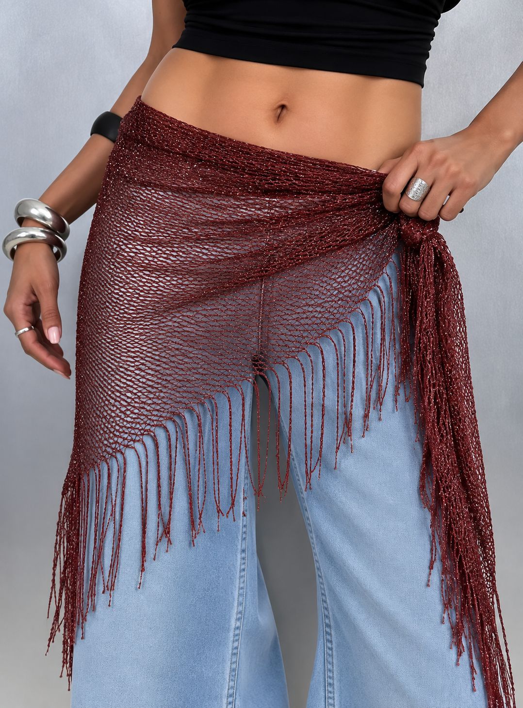Bufanda Triangular Para Mujer Con Patrón De Borla En Color Oro, Ideal Para Primavera
