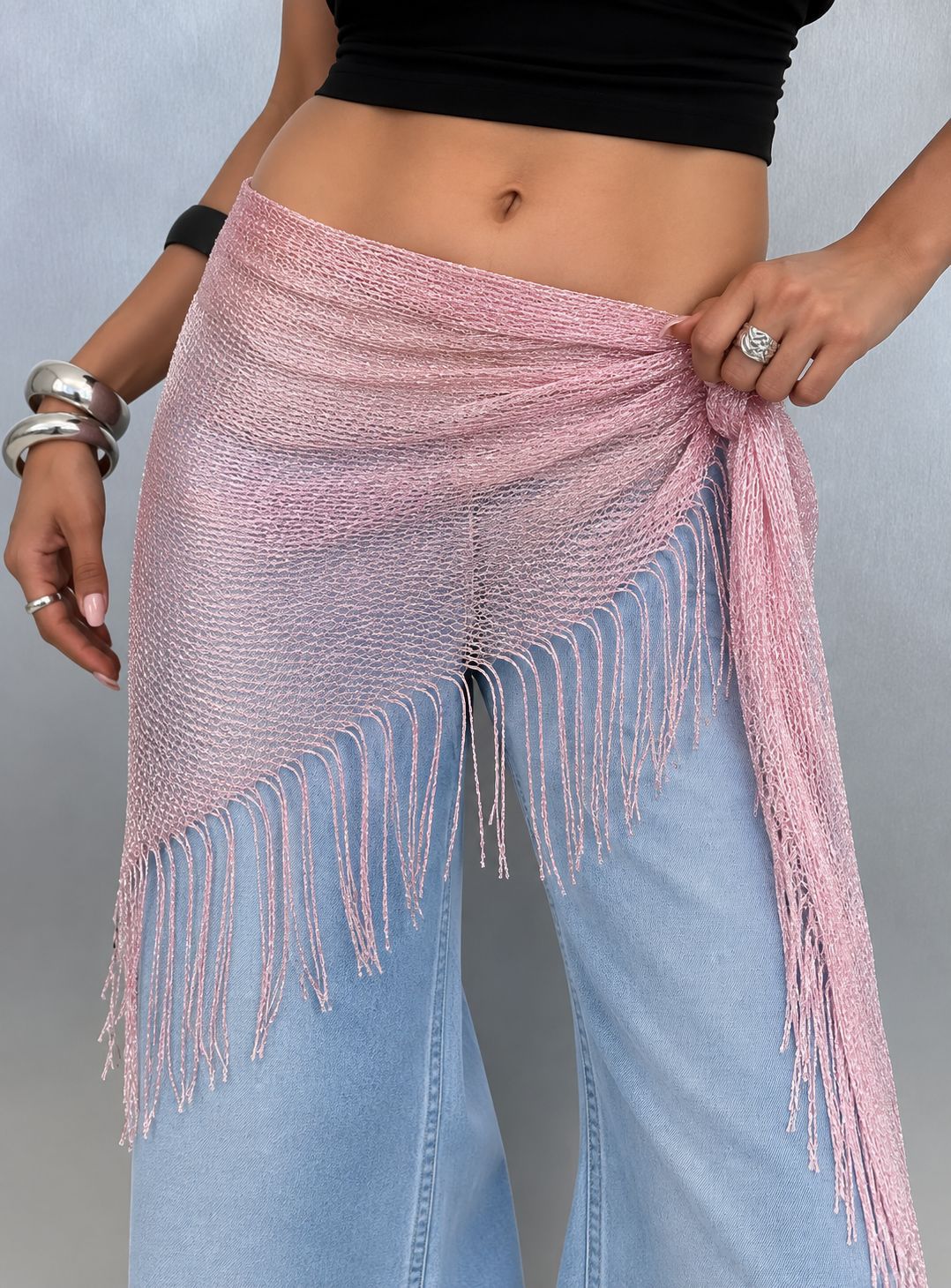 Bufanda Triangular Para Mujer Con Patrón De Borla En Color Oro, Ideal Para Primavera