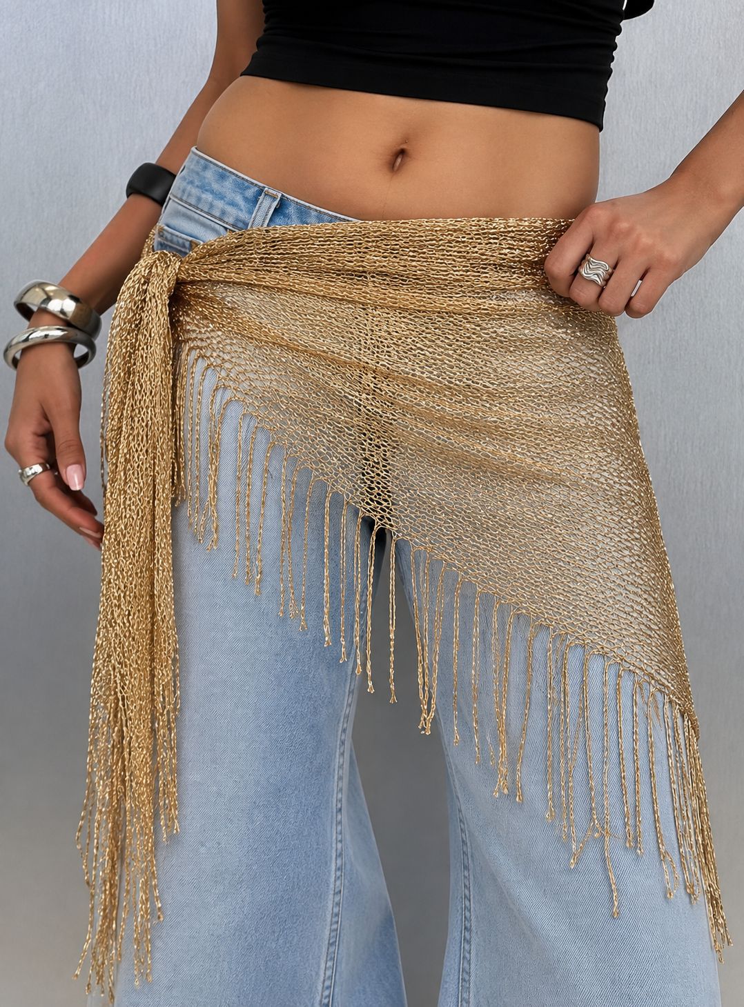 Bufanda Triangular Para Mujer Con Patrón De Borla En Color Oro, Ideal Para Primavera
