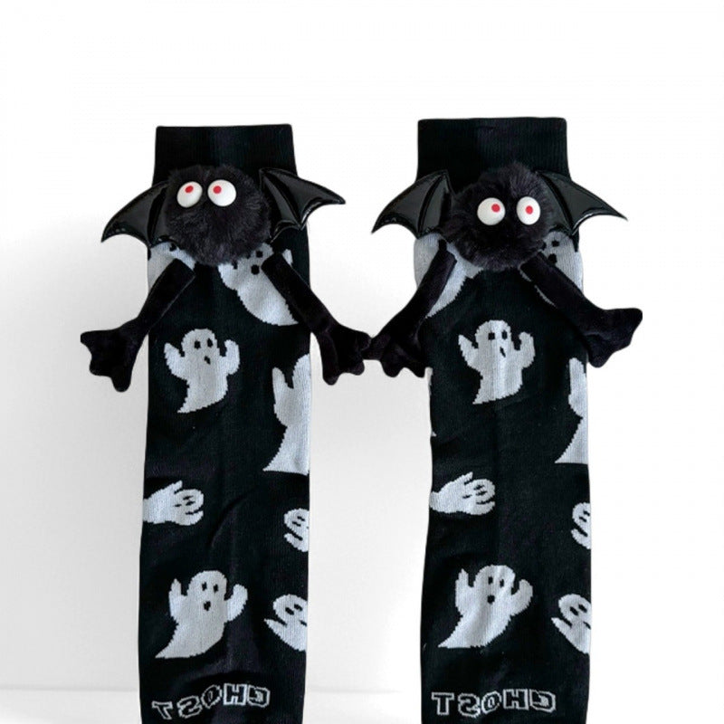Medias De Poliéster Para Pareja Con Patrón De Murciélago En Teñido De Negro, Estilo Gracioso Para Víspera De Todos Los Santos
