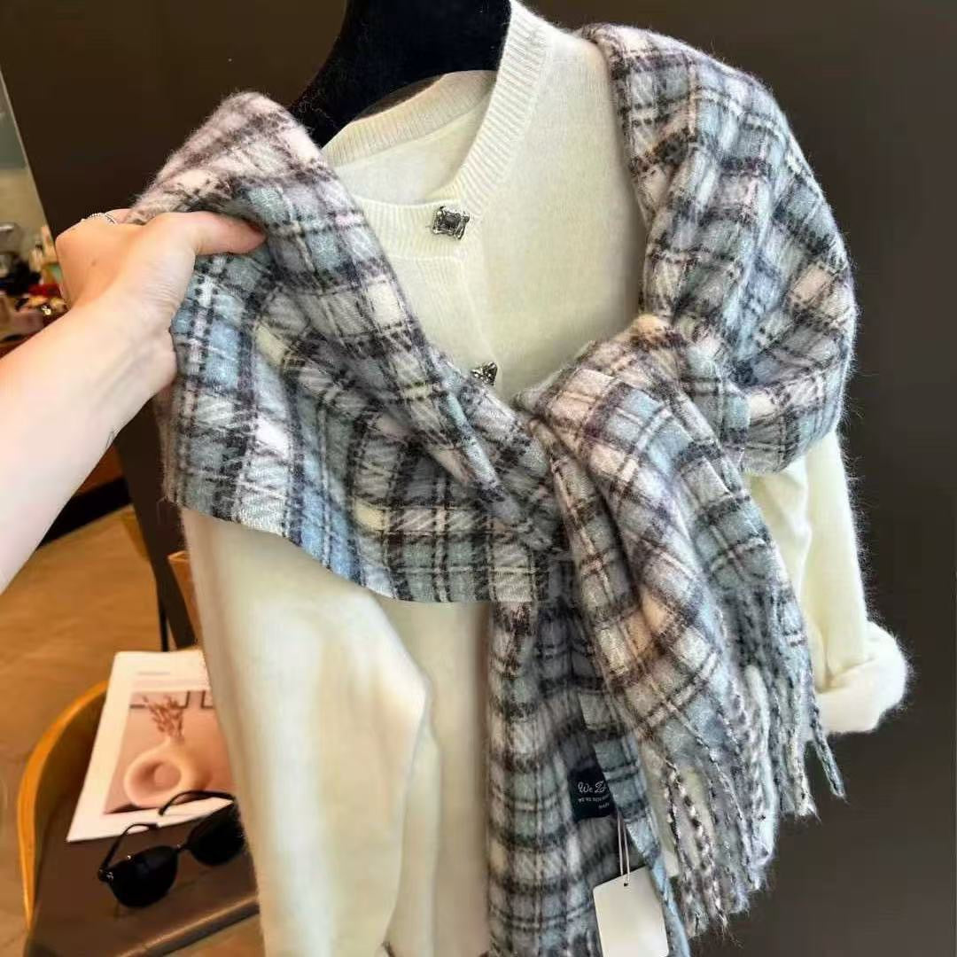 Bufanda Unisex De Poliéster Con Patrón Enrejado En Azul, Ideal Para Otoño E Invierno