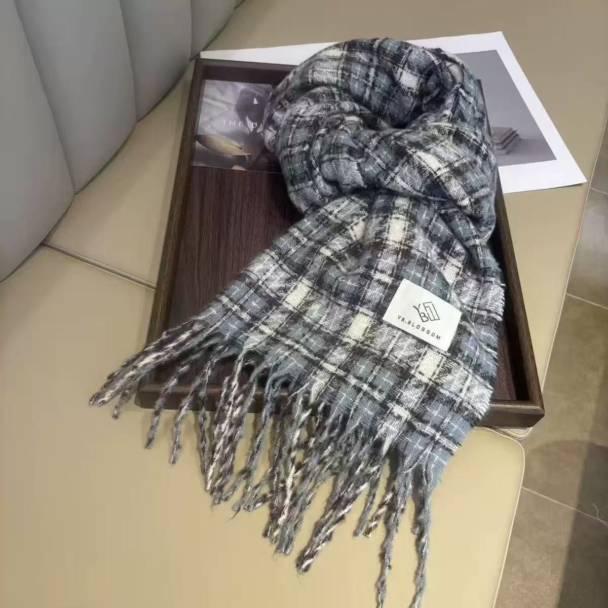 Bufanda Unisex De Poliéster Con Patrón Enrejado En Azul, Ideal Para Otoño E Invierno