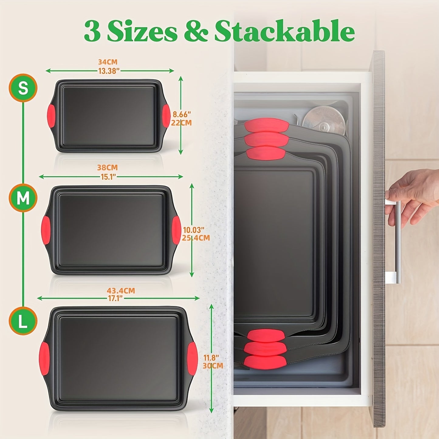 3pcs Carbon Steel Non-stick Kitchen Oven Baking Pan, Luxurious and Fashionable Non-stick Inside and Outside, Commercial Grade Restaurant Quality Metal Baking Pan, with Red Silicone Handle
