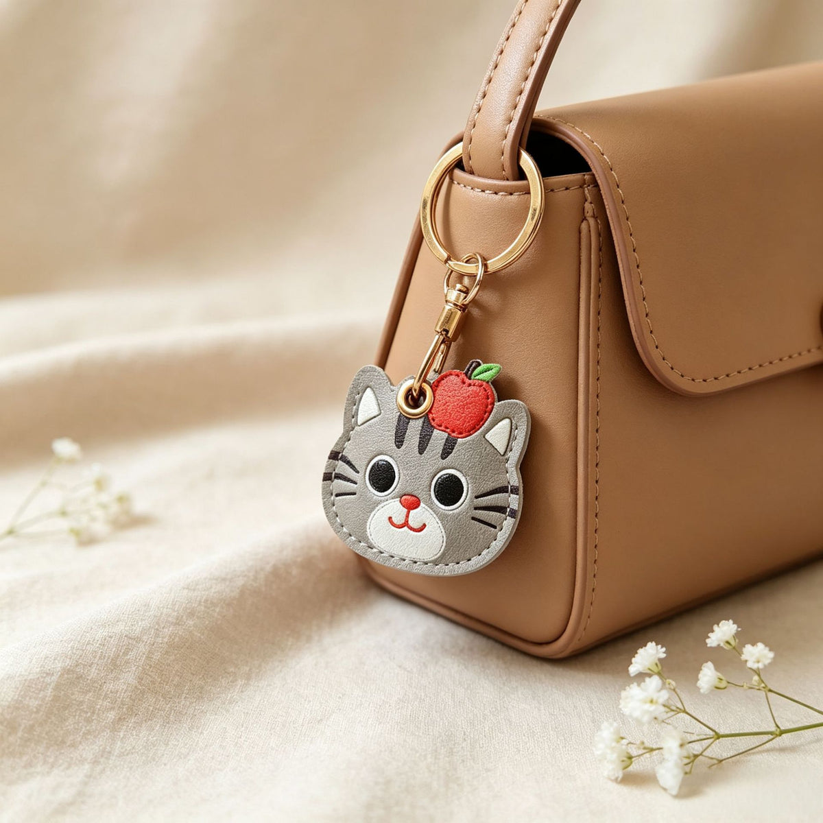 Llaveros Para Navidad Con Amuletos Para Bolsos En Gris Con Diseño De Gato, Fabricados En Cuero Sintético