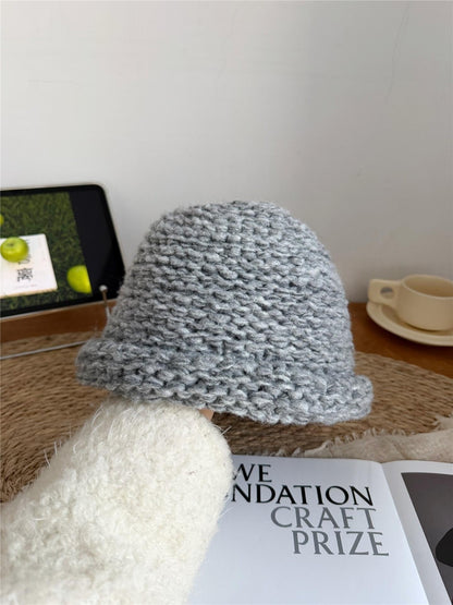 Sombrero De Copa Casual Para Adultos Con Protección UV, Borde Enrollado Y Material De Hilo De Lana En Color Sólido