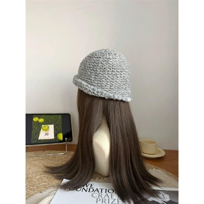 Sombrero De Copa Casual Para Adultos Con Protección UV, Borde Enrollado Y Material De Hilo De Lana En Color Sólido