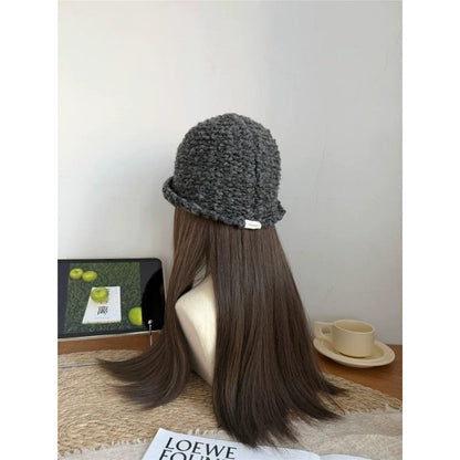Sombrero De Copa Casual Para Adultos Con Protección UV, Borde Enrollado Y Material De Hilo De Lana En Color Sólido
