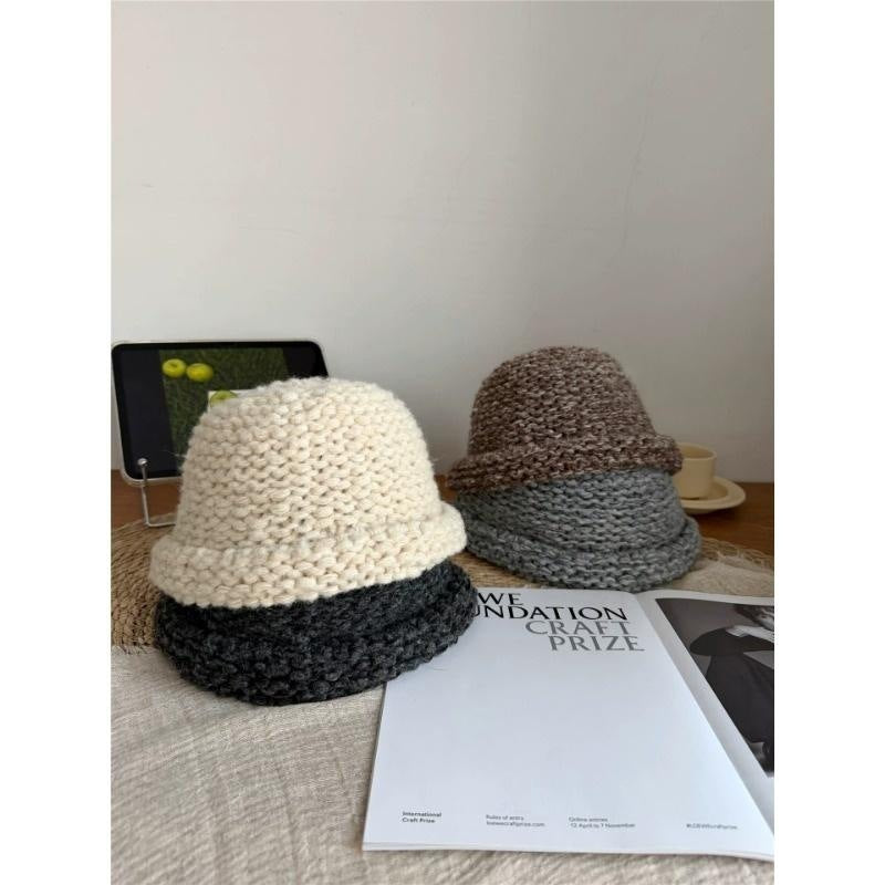 Sombrero De Copa Casual Para Adultos Con Protección UV, Borde Enrollado Y Material De Hilo De Lana En Color Sólido