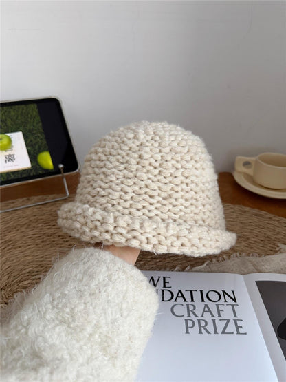 Sombrero De Copa Casual Para Adultos Con Protección UV, Borde Enrollado Y Material De Hilo De Lana En Color Sólido