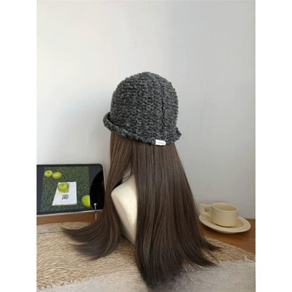 Sombrero De Copa Casual Para Adultos Con Protección UV, Borde Enrollado Y Material De Hilo De Lana En Color Sólido